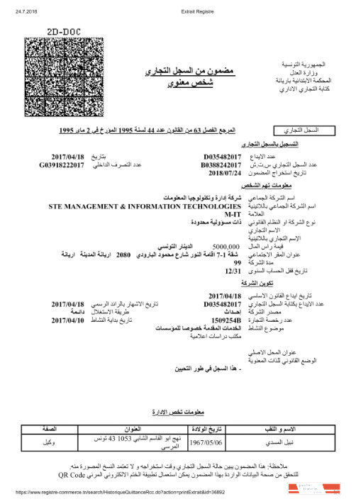Tunis Certificate of Registration